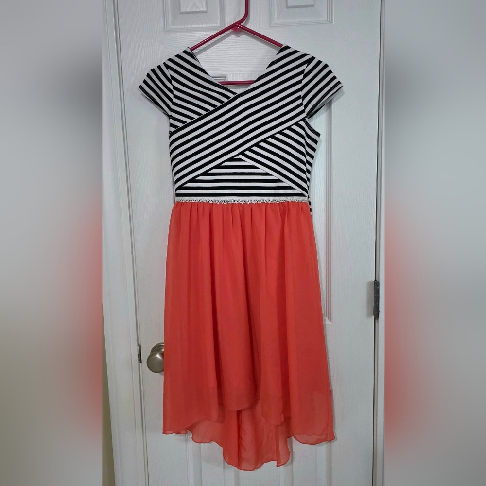 Speechless Black and White Striped Dress With Coral Skirt
